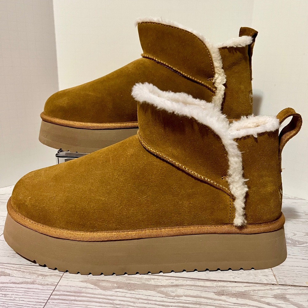 Koolaburra UGG Ultra Mini Women 11 Chestnut Platform Suede Boot Faux Fur Lined